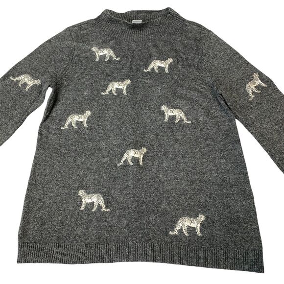 Chico's Sweater Women's S Gray Embroidered Cheetah Ribbed Sleeve & Hem Crew Neck - Picture 5 of 11